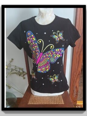 Adam Black Short Sleeve Tee with Bright Multicolor Butterfly Design Size Mwdium